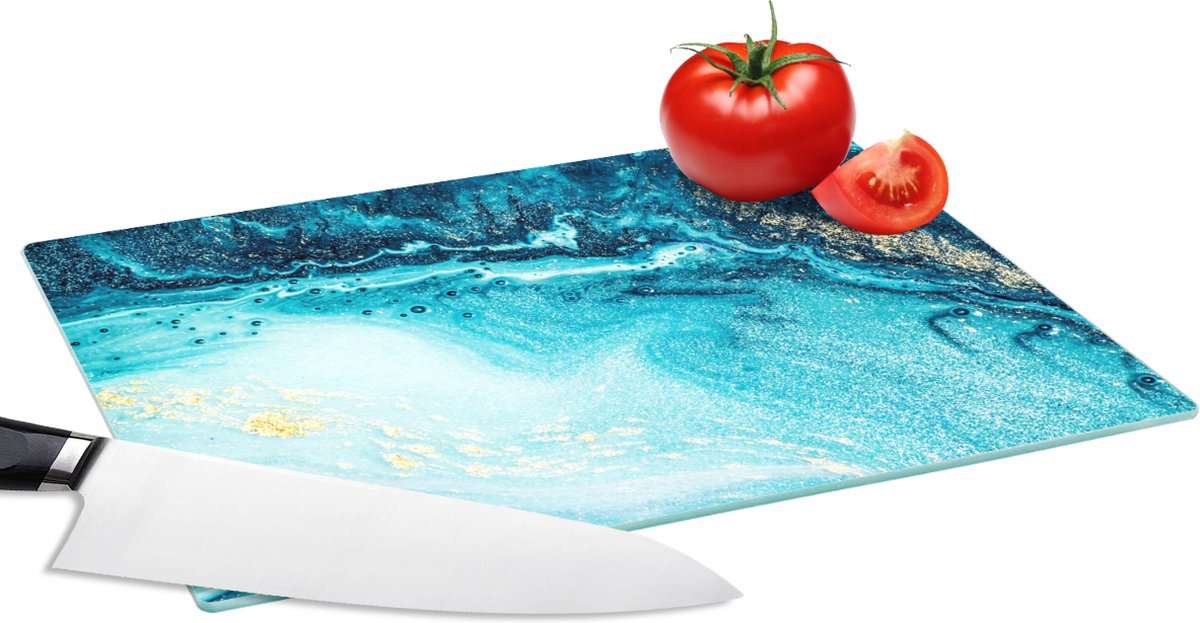 Glazen Snijplank - 28x20 - Marmerlook - Blauw - Goud - Luxe - Glitter - Marmer - Snijplanken Glas