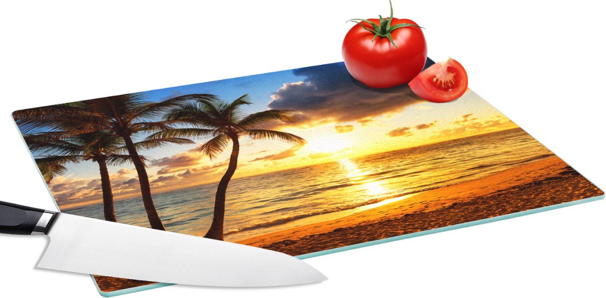 Glazen Snijplank - 39x28 - Strand - Horizon - Zonsondergang - Palmboom - Zee - Snijplanken Glas