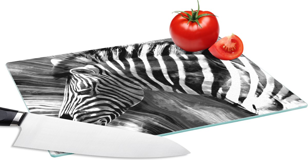 Glazen Snijplank - 28x20 - Schilderij - Olieverf - Zebra - Dieren - Zwart - Wit - Snijplanken Glas