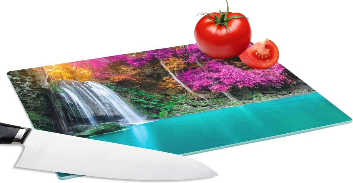 Glazen Snijplank - 28x20 - Waterval - Bomen - Roze - Bruin - Natuur - Snijplanken Glas