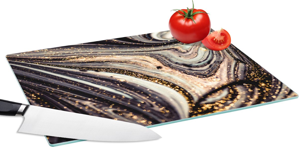 Glazen Snijplank - 39x28 - Marmerlook - Zwart - Goud - Wit - Glitter - Marmer - Snijplanken Glas
