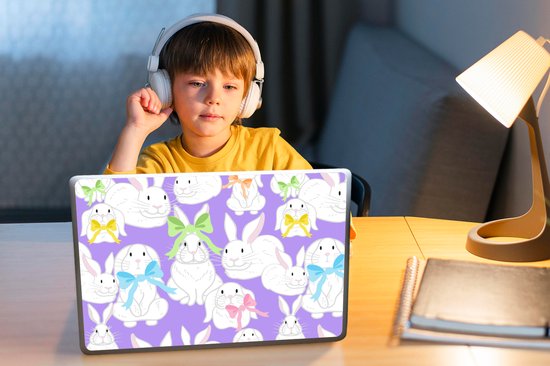 Laptop sticker - 14 inch - Patronen - Konijn - Paars - Lente - 32x5x23x5cm - Laptopstickers - Laptop skin - Cover