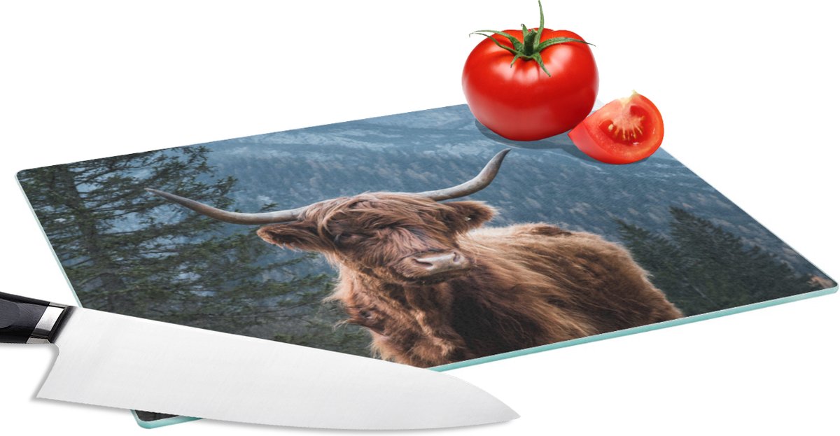 Glazen Snijplank - 28x20 - Schotse hooglander - Bos - Bergen - Snijplanken Glas