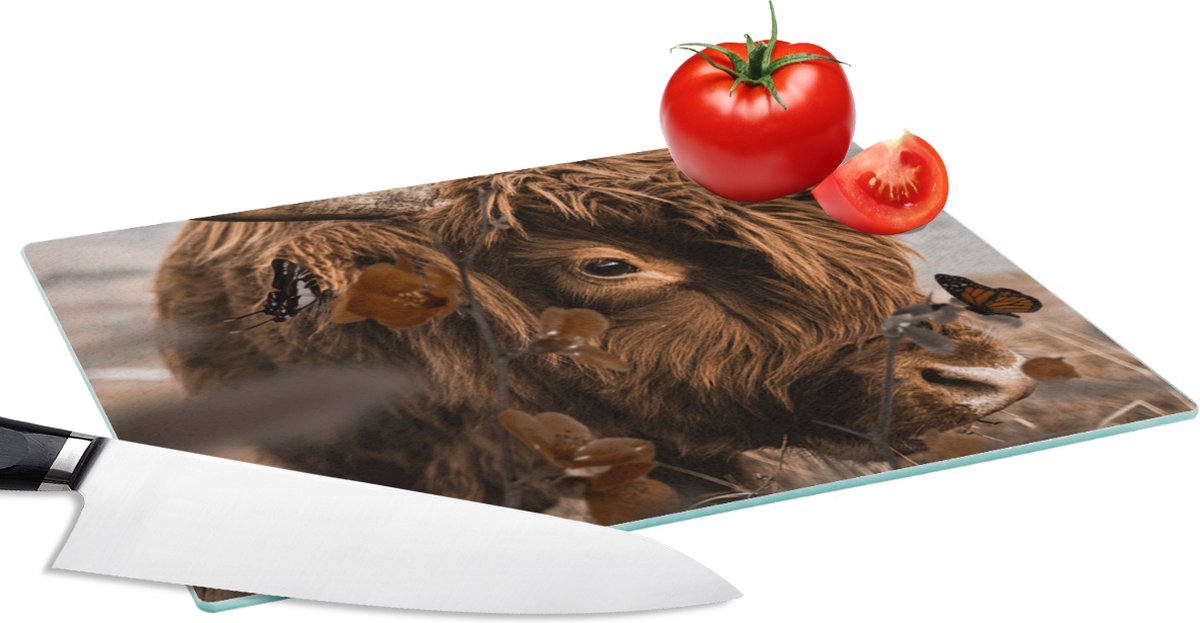 Glazen Snijplank - 28x20 - Schotse hooglander - Bloemen - Vlinders - Snijplanken Glas