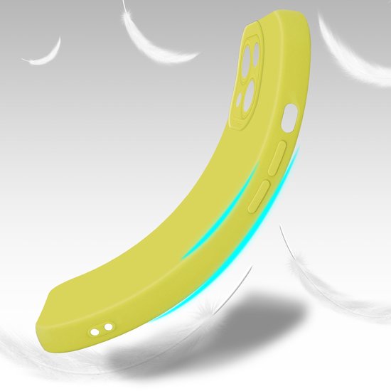 Étui iPhone jaune flottant avec des plumes et des accents de lumière bleue.