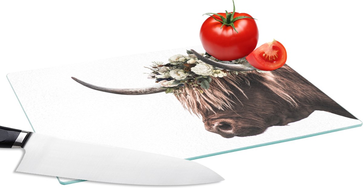 Glazen Snijplank - 28x20 - Schotse hooglander - Rozen - Wit - Snijplanken Glas