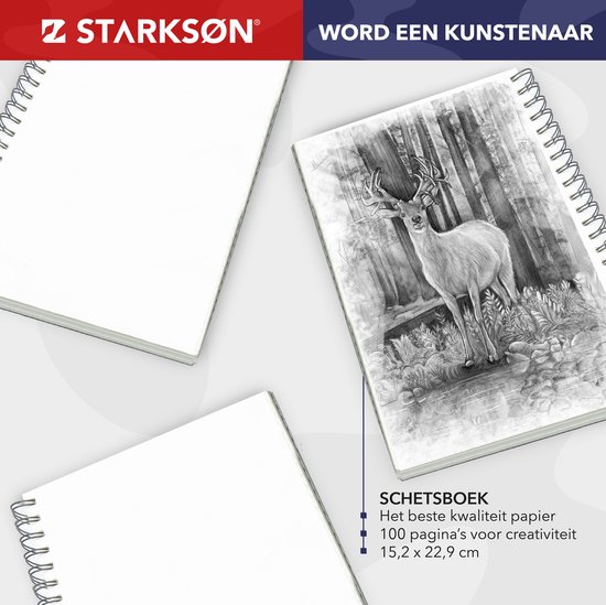 STARKSØN Professioneel 41-Delige Potloden Tekenset incl. Tekenpotloden, Schetspotloden, Schetsboek & Accessoires - Tekenen met Houtskool & Grafiet