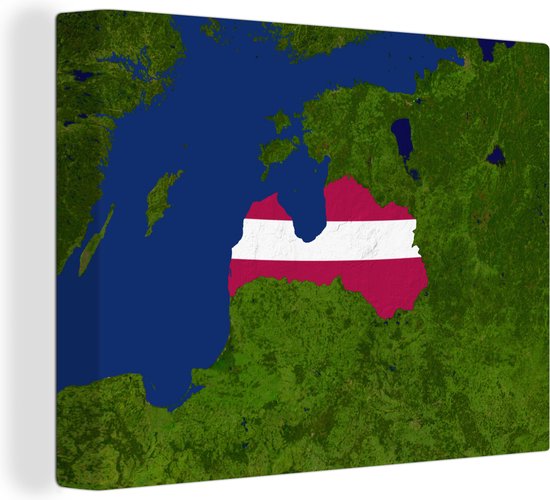 Canvas Schilderij Satellietbeeld van Letland met de vlag van Letland - 80x60 cm - Wanddecoratie