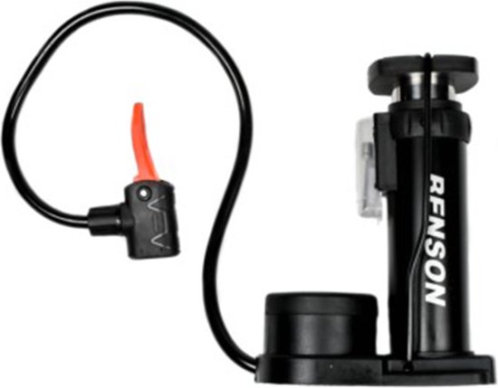 Zwarte mini fietspomp van Benson met rode ventielkop en zwarte slang.