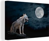 Canvas schilderij - Wilde dieren - Wolf - Maan - Bos - Natuur - Wanddecoratie - Canvas - 120x80 cm - Canvas doek - Woonkamer