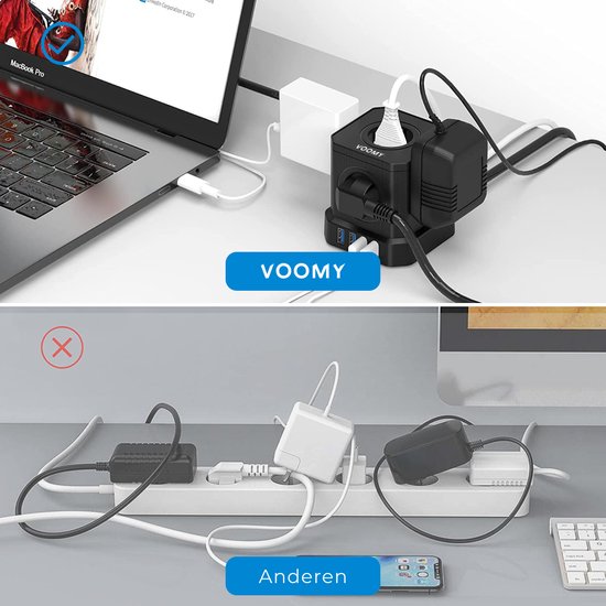 Voomy Cube Stekkerdoos met Schakelaar - 4 USB Poorten - 5 Stopcontacten - Zwart