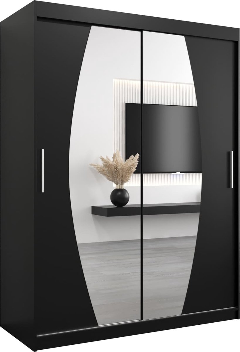 InspireME Kledingkast met 2 schuifdeuren, Modern-stijl, Een kledingkast met planken en een spiegel (BxHxD): 150x200x62 - GLOBE 150 Zwart Mat met 2 lades
