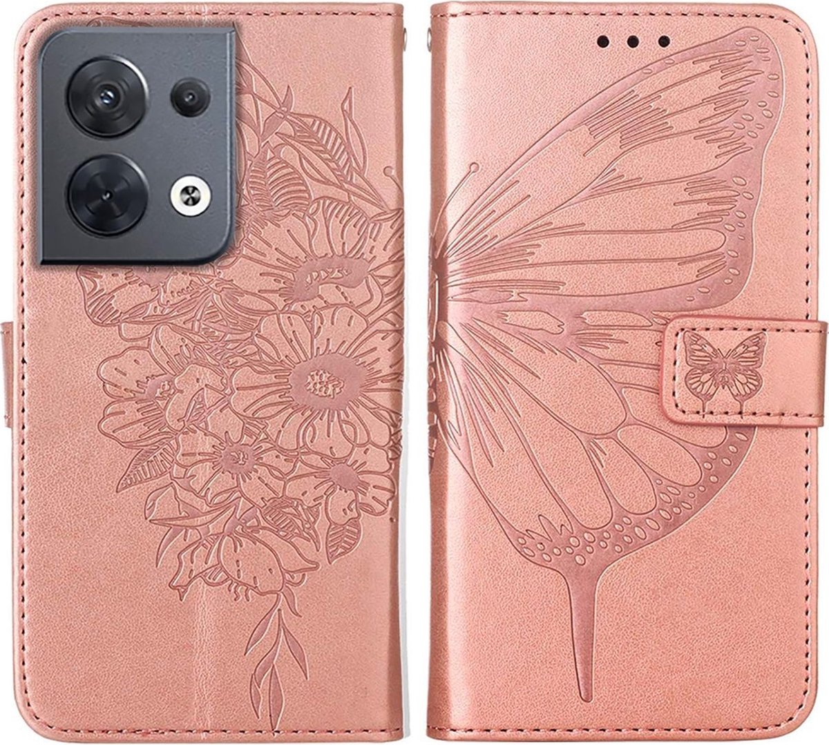Mobigear Telefoonhoesje geschikt voor OPPO Reno 8 5G Hoesje | Mobigear Butterfly Bookcase Portemonnee | Pasjeshouder voor 3 Pasjes | Telefoonhoesje voor Pinpas / OV Kaart / Rijbewijs - Roségoud