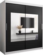 InspireMe - Kledingkast met 2 schuifdeuren, Modern-stijl, Een kledingkast met planken en een spiegel (BxHxD): 180x200x62 - TRINA 180 Wit Mat + Zwart