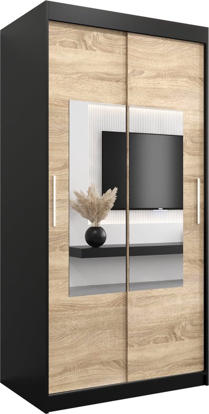 InspireMe - Kledingkast met 2 schuifdeuren, Modern-stijl, Een kledingkast met planken en een spiegel (BxHxD): 100x200x62 - TRINA 100 Zwart Mat + Sonoma Eik met 2 lades