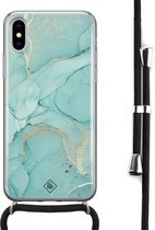 Casimoda® hoesje met koord - Geschikt voor iPhone Xs - Marmer mint groen - Afneembaar koord - Siliconen/TPU - Mint