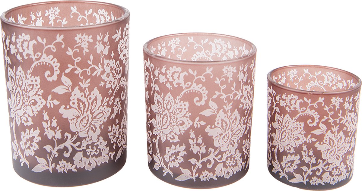 Theelichthouder Set van 3 Bruin Wit Glas Bloemen