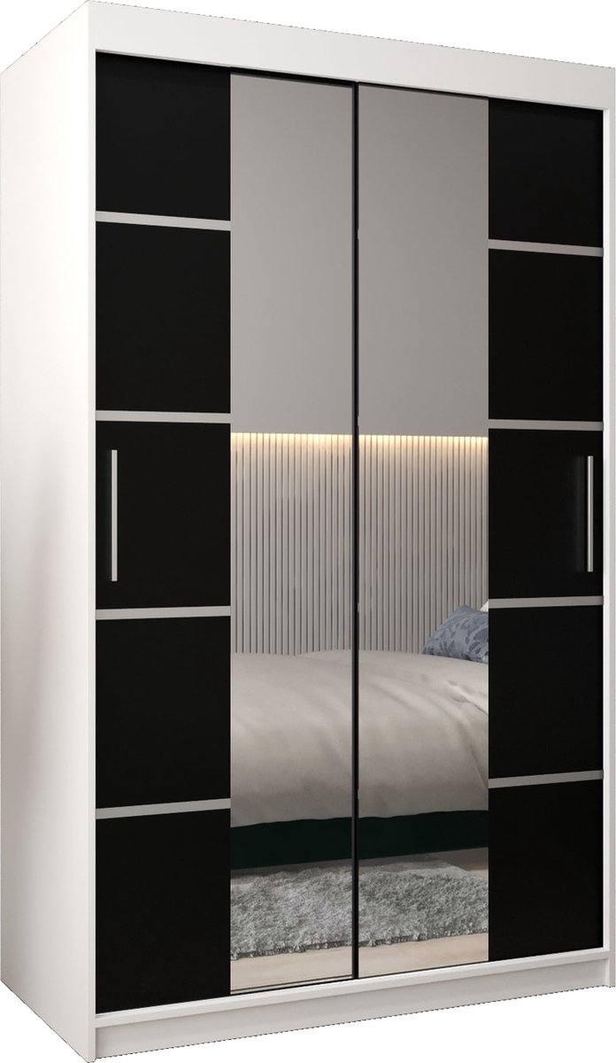 InspireME Kledingkast met 2 schuifdeuren, Modern-stijl, Kledingkast met planken (BxHxD): 120x200x62 - VENTILA IV 120 Wit Mat + Zwart