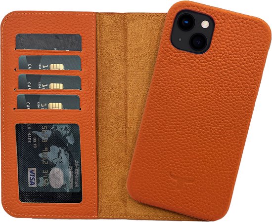 Foto: Dutchic lederen apple iphone 13 hoesje tweedelige ontwerp book case hardcase ii orange 