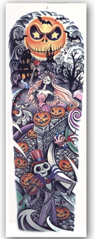 GlittersXL - Temporary Tattoo Sleeve Halloween (48x17 cm) [Neptattoo Lichaam en Gezicht - Make-up nep wond tattoo spin bloed pompoen geest heks masker- Tijdelijke tatoeage - Nep Fake Tattoos - Water overdraagbare festival sticker henna outfit tattoo]