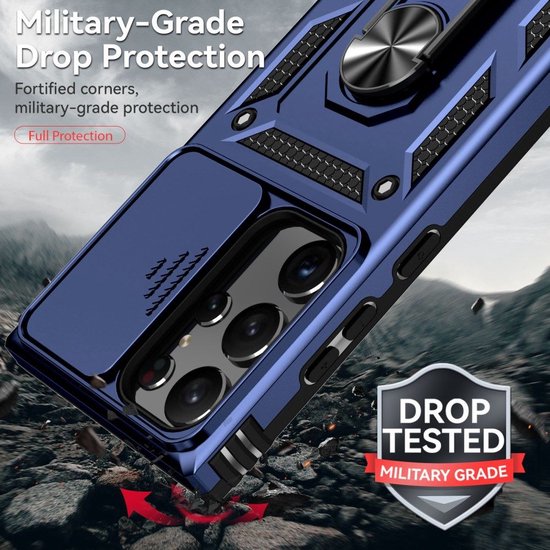 Coque de téléphone bleue avec support bague, détaillée pour 'Military-Grade Drop Protection'.