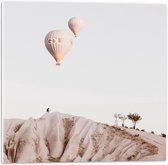 WallClassics - PVC Schuimplaat- Twee Beige Luchtballonnen boven Beige Landschap - 50x50 cm Foto op PVC Schuimplaat