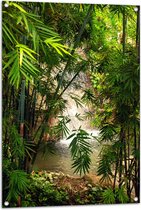 WallClassics - Tuinposter – Bamboe bij Waterval - 70x105 cm Foto op Tuinposter  (wanddecoratie voor buiten en binnen)