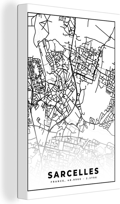 Canvas Schilderij Kaart - Sarcelles - Frankrijk - Stadskaart - Plattegrond - Zwart wit - 60x90 cm - Wanddecoratie