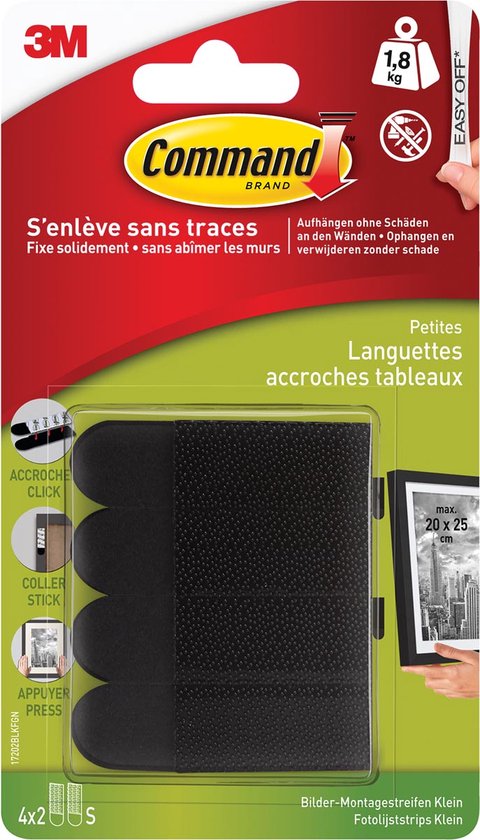 Bande de cadre photo Command , petite, capacité de charge 1,8 kg, noir, blister de 8 pièces