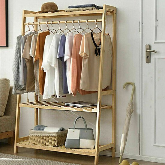 FOREHILL Kledingrek met planken, kapstok, bamboe, kledingstang met anti-kantelsysteem, voor kleding, schoenenrek, tassen, 164 x 70 x 42 cm