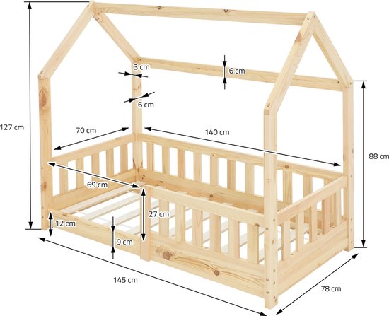 Sweiko Kinderbed, 140 x 200 cm, met herfstbescherming en rooster, enkel