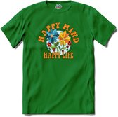 Flower Power - Happy Mind Happy Life - Vintage Aesthetic - T-Shirt - Meisjes - Kelly Groen - Maat 12 jaar