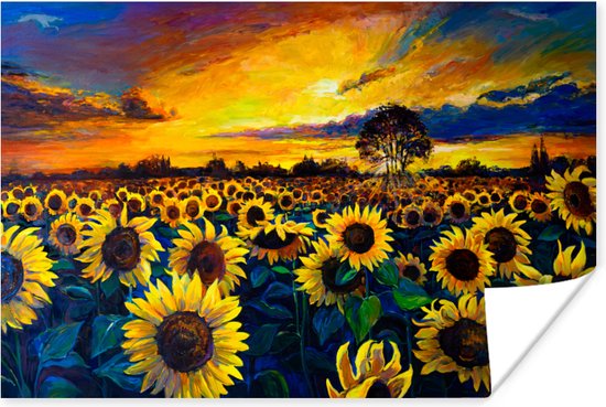 Poster Schilderij - Olieverf - Bloemen - Zonnebloem - 60x40 cm