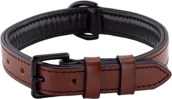 Brute Strength - Luxe leren halsband hond - Bruin met zwarte stiksels - M - (36 - 43 cm) x 2,5cm