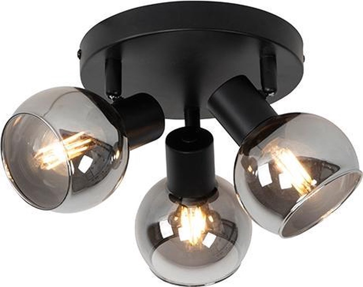 Elumia® Taza Plafondlamp 3 Spots – Ø 35 cm - Zwart Gecoat Metaal met Rookglas – Plafonnière Binnenlamp met Veiligheidsklasse IP20 – E14 Fitting max. 40 W – Sfeervolle Opbouwspot - Dimbaar - Art Deco