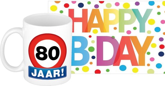 Verjaardag cadeau mok/beker 80 jaar print 300 ml + A5-size wenskaart Happy Birthday