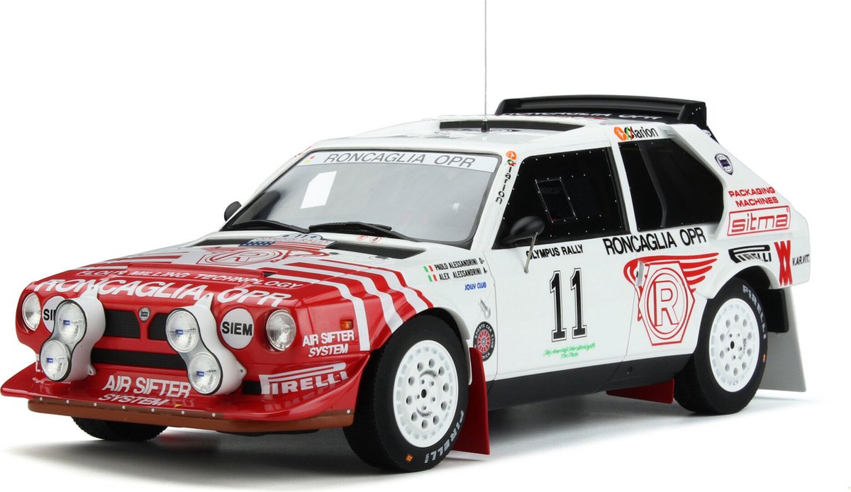 Het 1:18 Diecast-model van de Lancia Delta S4 Team Roncaglia #11 van de Olympus Rally van 1986. De rijders waren P. Alessandrini en A. Alessandrini. De fabrikant van het schaalmodel is Otto Mobile. Dit model is alleen online beschik
