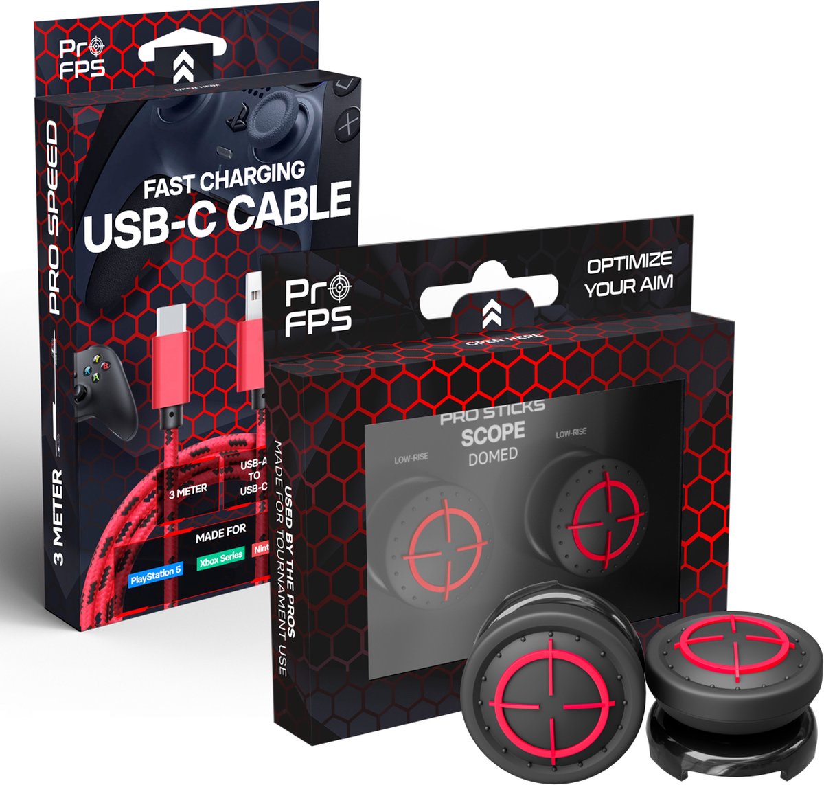 ProFPS Duo Pack geschikt voor PlayStation 5 (PS5) Controller - Thumbsticks Domed + USB C Kabel Oplader - eSports Gaming Accessoires