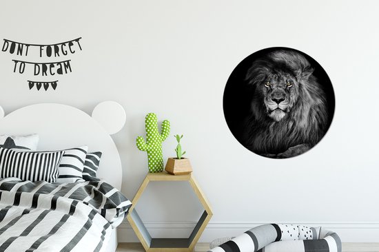 Behangcirkel - Leeuw - Wilde dieren - Zwart wit - Zelfklevend behang - Rond behang - Behangsticker - Slaapkamer decoratie - Muurdecoratie rond - Ronde wanddecoratie - Wandcirkel - 80x80 cm - Muurcirkel binnen