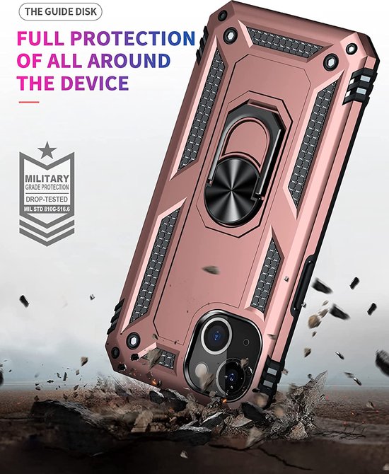 Apple iPhone 14 Plus Case Rose Gold & 2X Verres Screen Protector - Anti-Shock Hybrid Armor avec Kickstand Ring