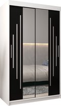 InspireMe - Kledingkast met 2 schuifdeuren, Modern-stijl, Een kledingkast met planken en een spiegel (BxHxD): 120x200x62 - MALTESE I 120 Wit Mat + Zwart