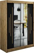 InspireMe - Kledingkast met 2 schuifdeuren, Modern-stijl, Een kledingkast met planken en een spiegel (BxHxD): 150x200x62 - JARED Y1 150 Artisan Eik + Zwart Mat met 2 lades