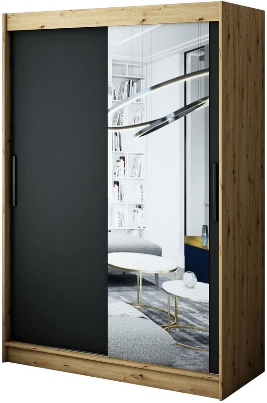 InspireMe - Kledingkast met 2 schuifdeuren, Modern-stijl, Een kledingkast met planken en een spiegel (BxHxD): 150x200x62 - JARED T2 150 Artisan Eik + Zwart Mat met 2 lades