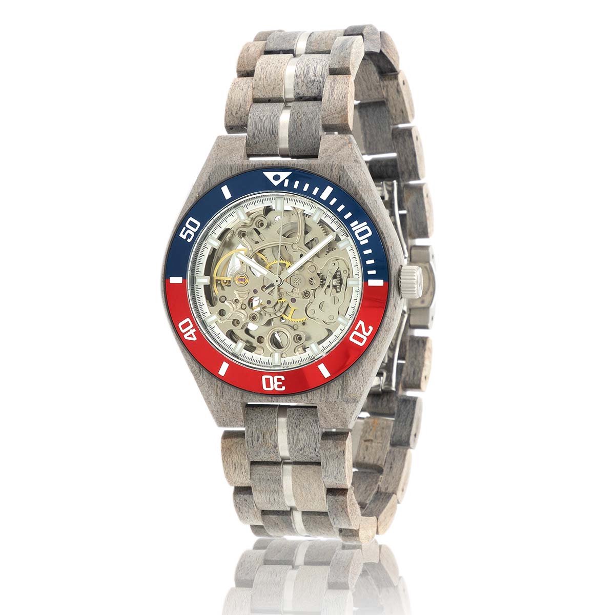 HOT&TOT | Carbon Silver - Houten horloge heren - 44 mm - Automatisch uurwerk - Skeleton - Esdoorn hout - Zilver
