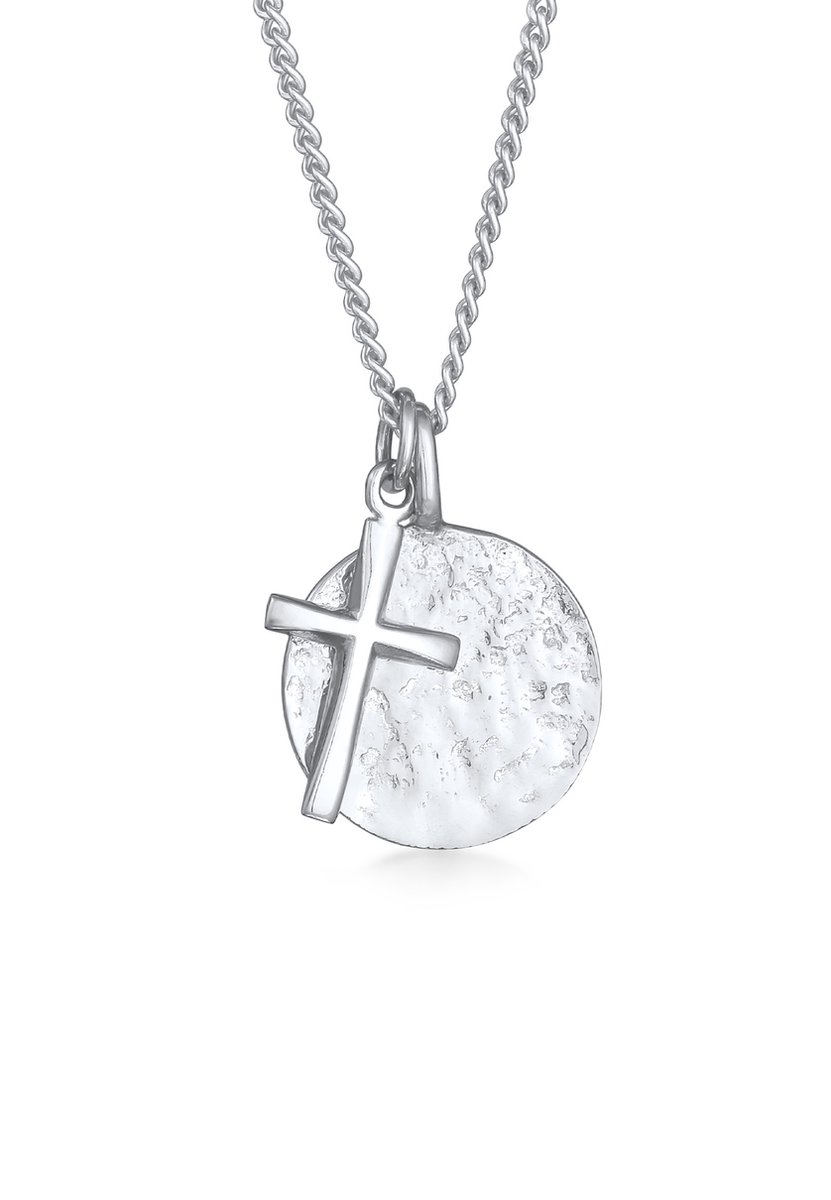Kuzzoi Heren zilveren halsketting in gelaagde look met munthanger (15 mm), halsketting voor de man in 925 sterling zilver, gelaagde ketting met gestructureerde plaatjes, herenketting met hanger handgemaakt