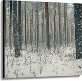 WallClassics - Canvas  - Vallende Sneeuwvlokken in het Bos - 100x100 cm Foto op Canvas Schilderij (Wanddecoratie op Canvas)