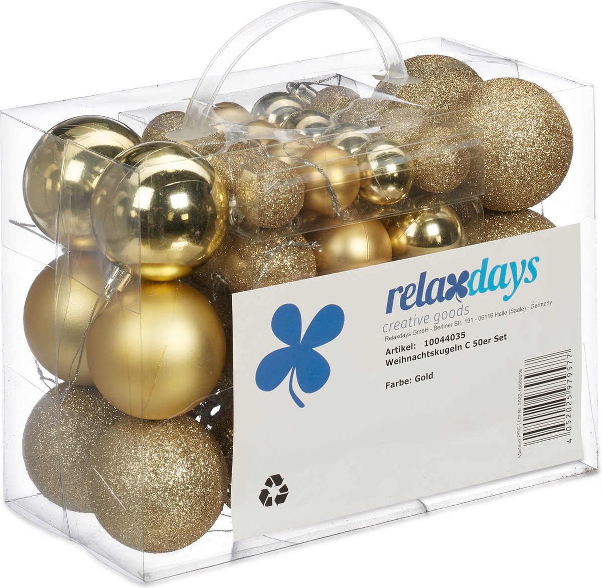 Relaxdays kerstballen set van 50 - traditioneel - kunststof - kerstboomversiering - los - goud