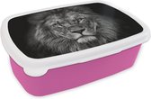 Broodtrommel Roze - Lunchbox - Brooddoos - Leeuw - Dieren - Zwart - Wit - 18x12x6 cm - Kinderen - Meisje