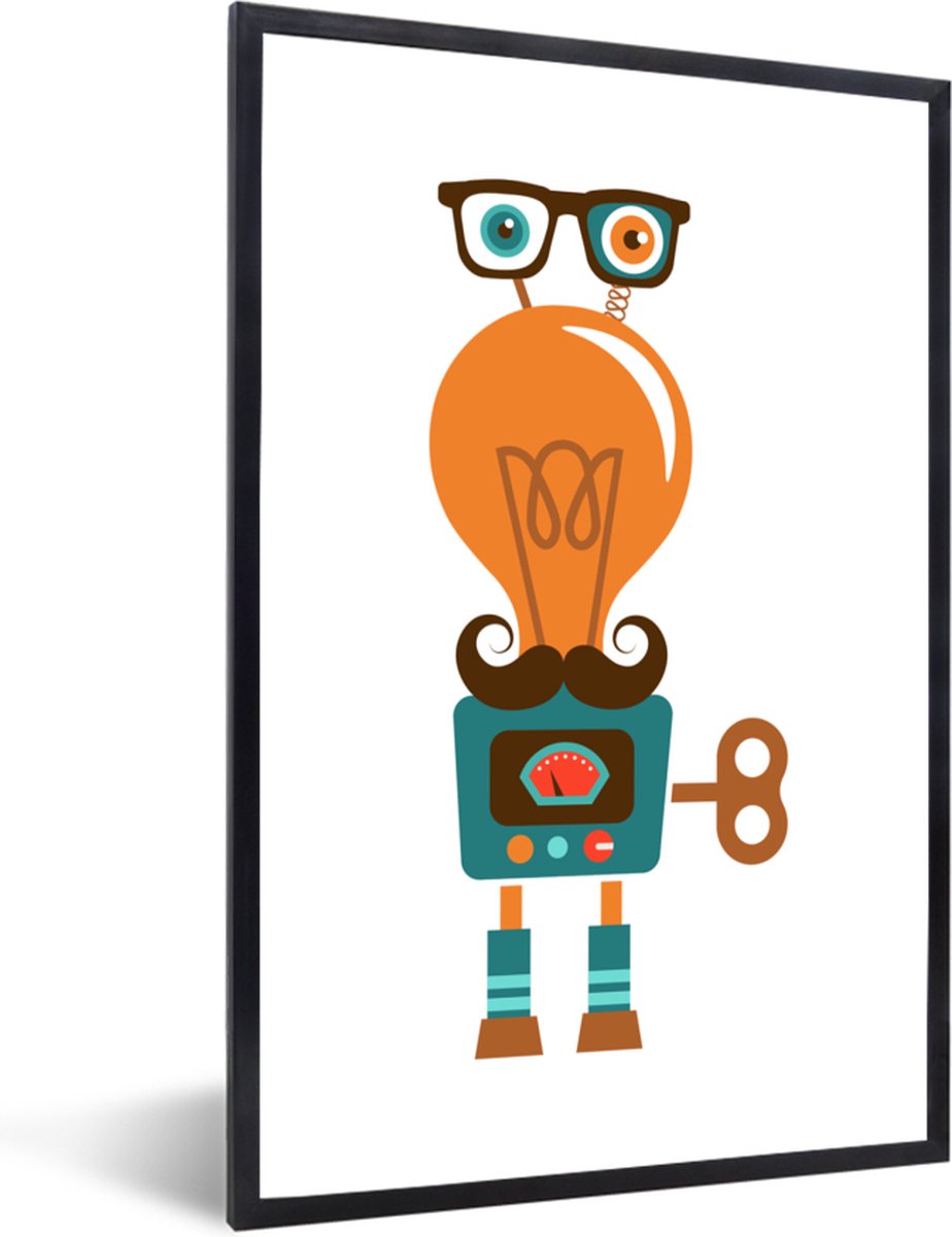Poster in fotolijst kinderen - Robot - Bril - Gloeilamp - Snor - Jongens - Kind - Wanddeco