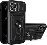 Geschikt voor iPhone 12 Pro Max hoesje met pashouder - camera bescherming cover en ring houder – Zwart – oTronica